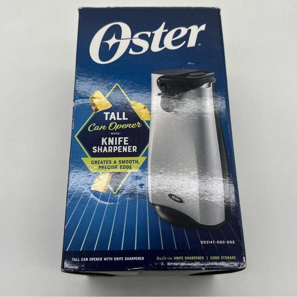Oster Silver Electric Can Opener with Magnetic Lid Lifter – Hands-Free Operation